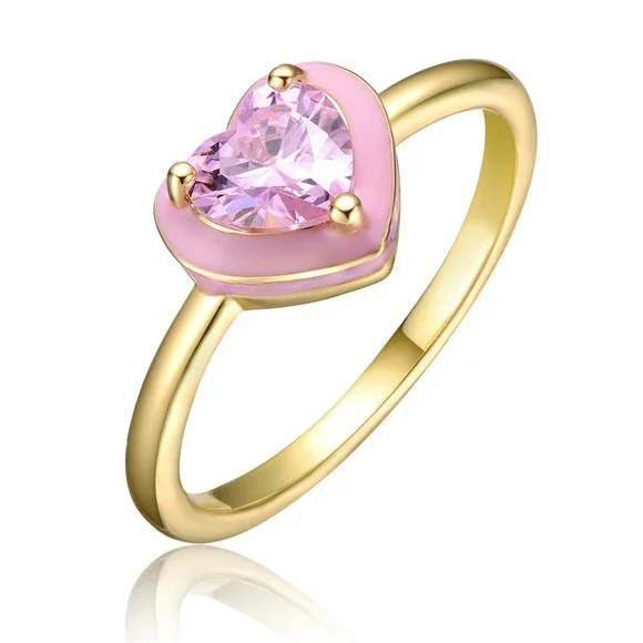 Rachel Glauber Heart‎ Stacking Ring Women 14k Gold Plated Pink CZ Enamel Gold 5