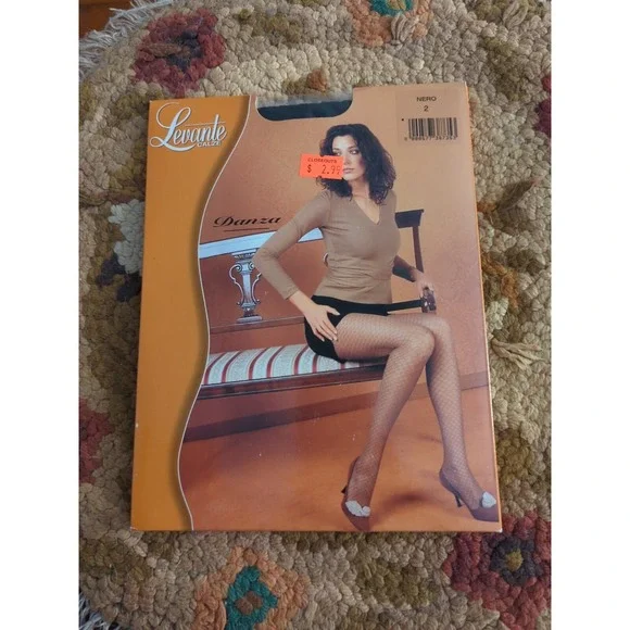New Levante Calze Silky Soft Fishnet Pattern Tights Size 2 Nero Black Made Italy