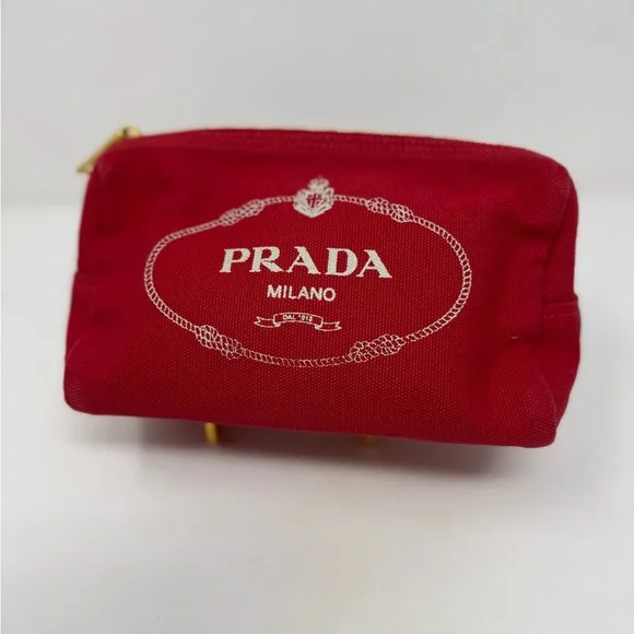 💯 Authentic PRADA Logo Canapa Pouch Cosmetics Pouch Red Canvas Used