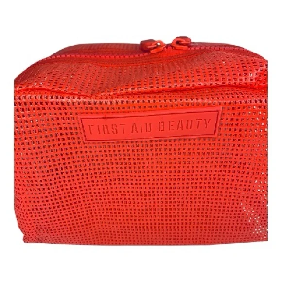 First Aid Beauty Bold Red Mesh Cosmetic Travel Toiletry Bag NWT