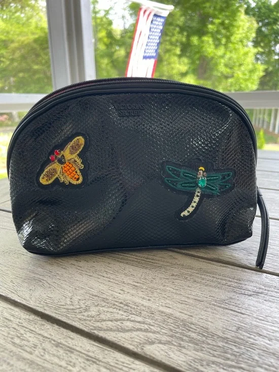 Victoria's Secret Black Textured Cosmetic Pouch with Insect Embellishments