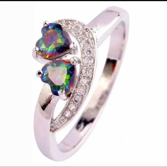 New S925 Sterling Silver Rainbow Topaz & White Topaz Two Hearts In Love Ring