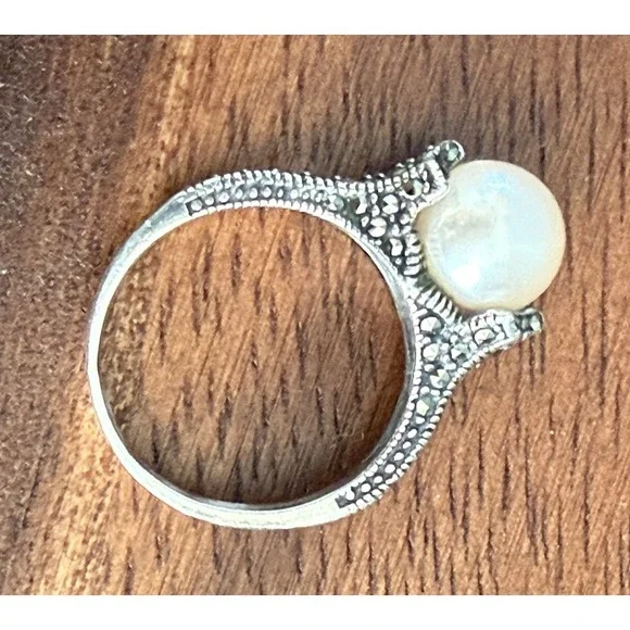 Sterling Silver Marcasite Pearl Ring Size 6.75 Vintage Art Deco Style