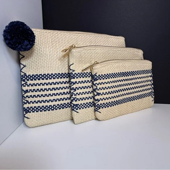 Mud Pie Cream and Navy Straw Makeup Cases- Three Various Sizes