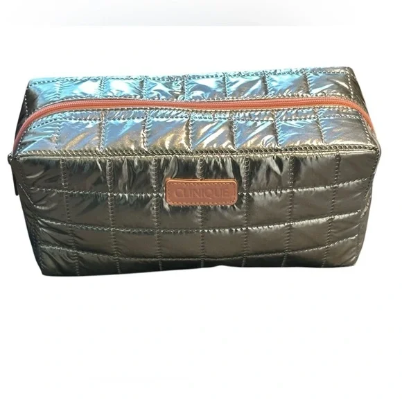 Clinique Makeup Train Case Bag Silver Pink Zipper NWOT