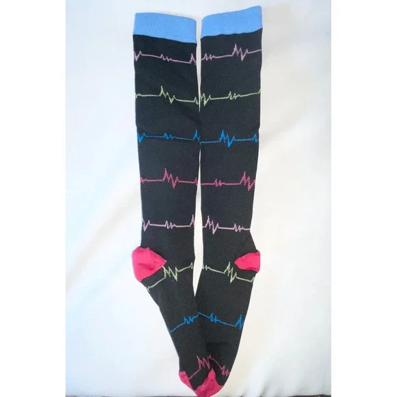 EKG Heartbeat Knee High Compression Socks Black Medical Nurse Pulse‎ Pattern