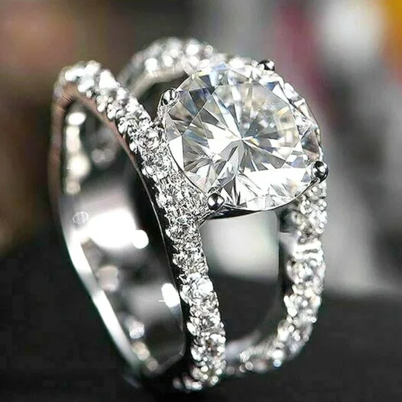 😍Lovely Unique Flower Shape CZ Double Layer Silver Romantic Women Rings, K928