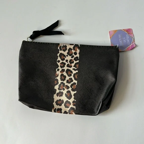6x8 Zippered Cosmetic Travel Bag Brown with Leopard Trim