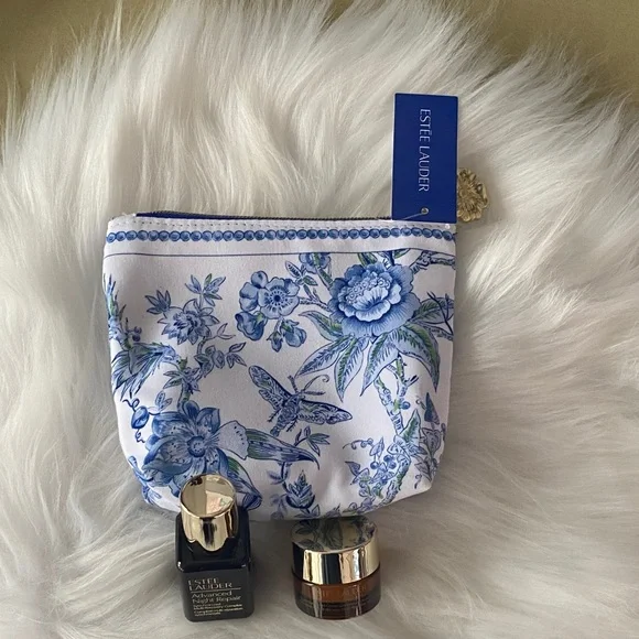 Estee Lauder White and Blue Floral Cosmetic Bag with 2 beauty products