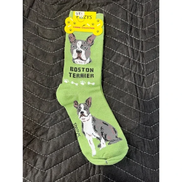 Foozys Boston Terrier Socks Womens 9-11 Green NWT Canine Collection Novelty Dog