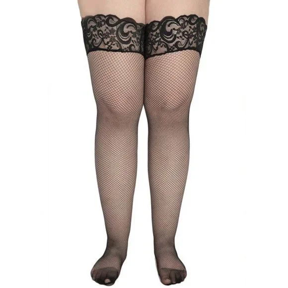 Plus Size 1x 2x Fishnet Thigh Highs Womens Black Stay Up Stockings