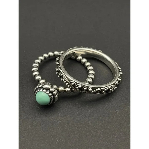 Lois Hill and Pandora Turquoise Stacking Rings Set Sterling Silver Balinese
