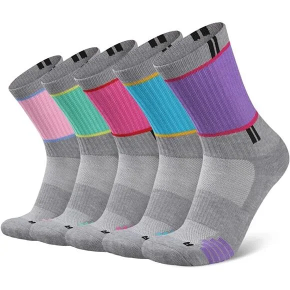 5 Pairs Women's Crew Socks Performance Cushioned Moisture Wicking Socks