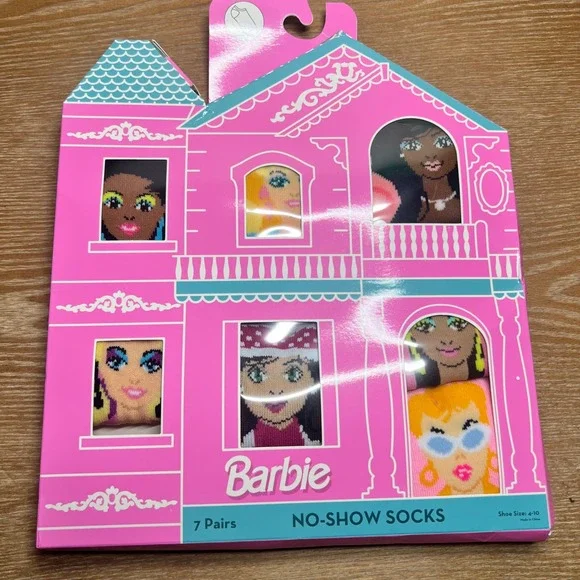 Barbie No-Show Socks 7 Pairs Womens Shoe Size 4-10 Dreamhouse Gift Box Pink New
