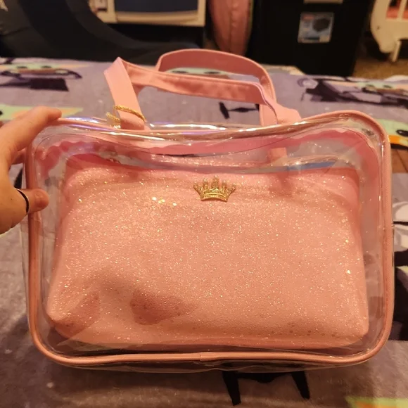 Pink Cosmetic Bag with Transparent Design and Top Handle
