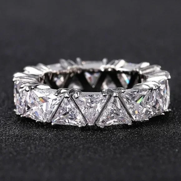 Lady's Triangular 6.00ctw. Diamond Eternity Ring .925 Solid Sterling Silver,