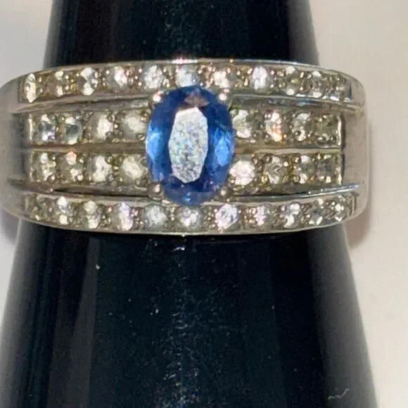 925 sterling silver Aquamarine & CZ band ring Sz 9.5 solitaire 5.56g wedding
