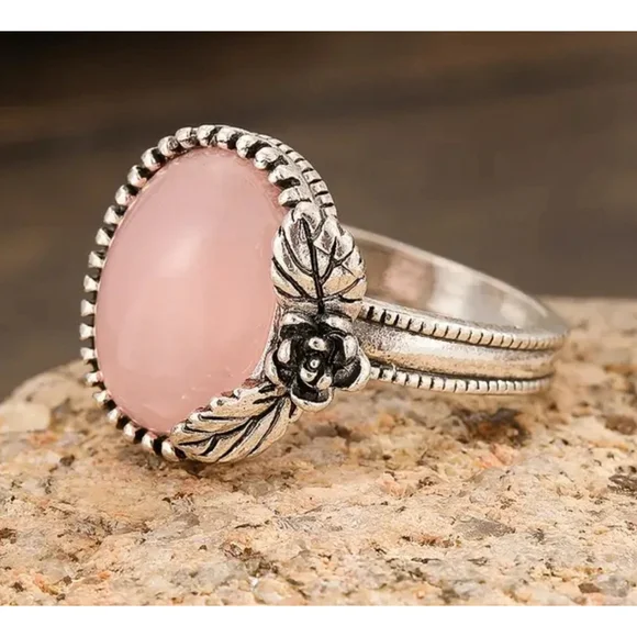 Boho Pink Oval Stone set in Floral Silver Ring