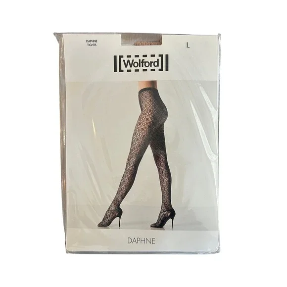 Wolford Daphne Boutique Tan Smoothie Lace Pattern Tights Size L Sheer Stretch