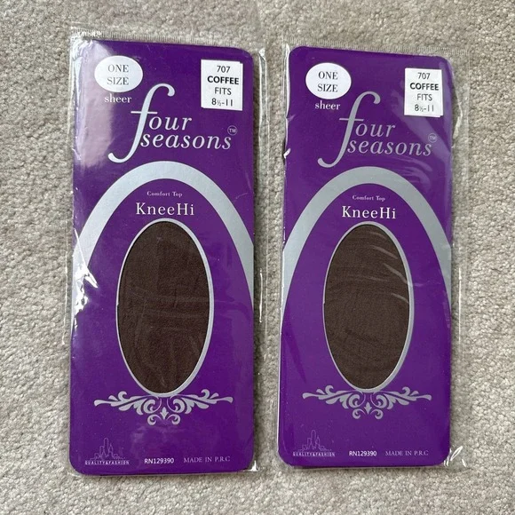 Lot of 2 Four Seasons Sheer KneeHi Comfort Top Stockings, Coffee, Nylon Socks