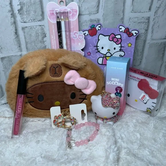 Hello Kitty Bundle Brown Plush Cosmetic Pouch with Pink Accents & Accessories