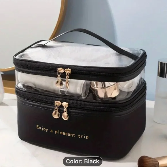 Double-Layer Cosmetic Bag with Large Capacity for Travel and Toiletries