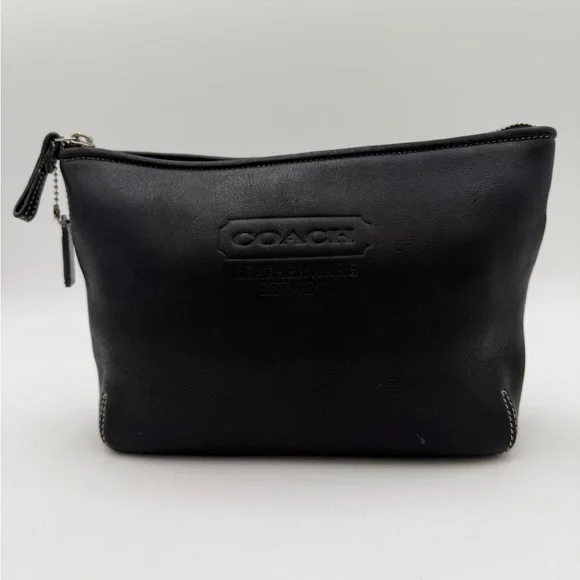 Coach Black Leather Cosmetic Case w Hangtag Embossed Logo EUC