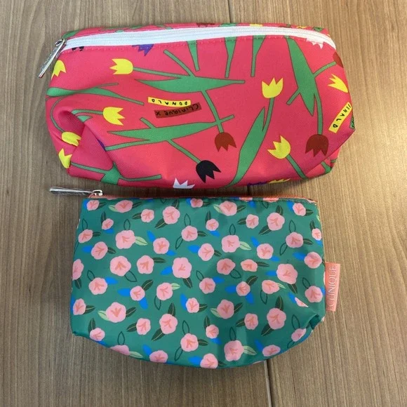 Lot of 2 Clinique x Donald Makeup Cosmetic Bag Zipper Pouch Floral Hot Pink