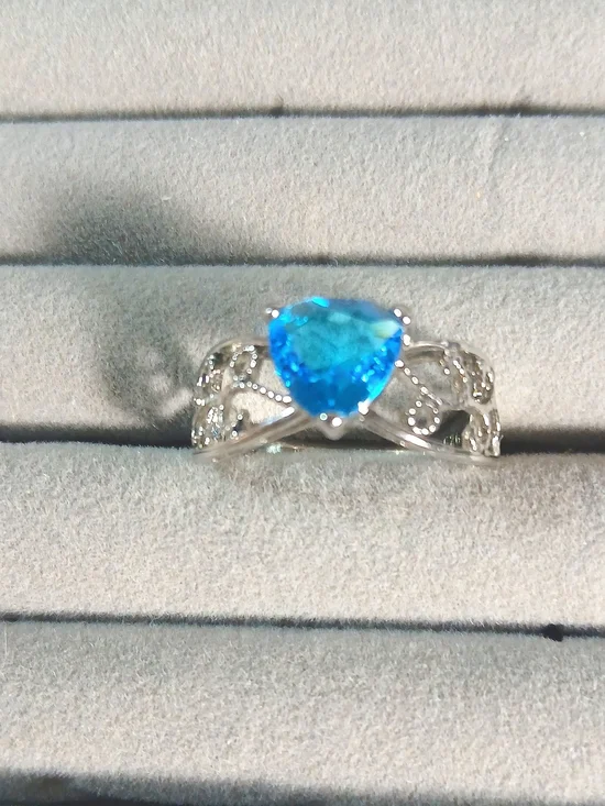 Blue Heart-Cut Gemstone Filigree Women's Ring In Sterling Silver.