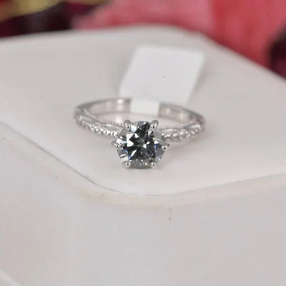 2ct Gray Moissanite Certified Round Brilliant Cut Engagement Ring 925 Sterling