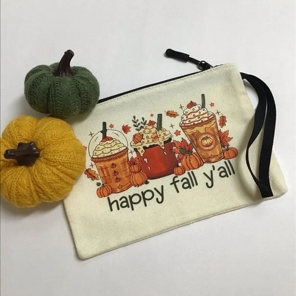 Fall Pumpkin Spice Latte Coffee Cosmetic Bag Canvas Zip Happy Fall Y’all NEW
