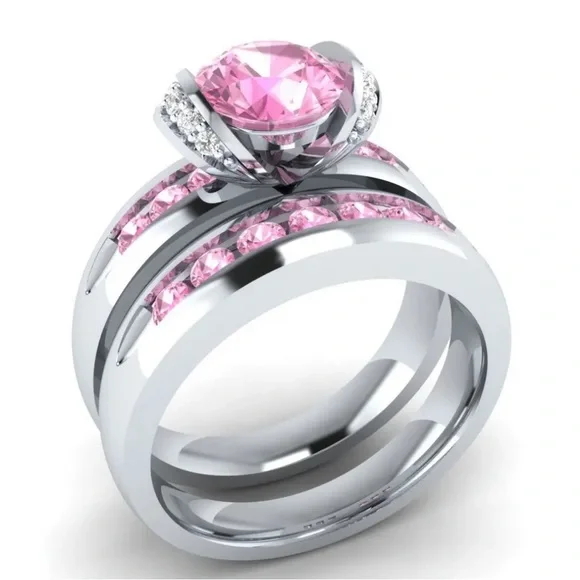New Sterling Silver Pink & White Sapphires 2pc Ring Set