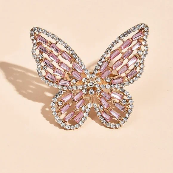 Large Baby Pink Rhinestone Butterfly Ring Adjustable‎ Bling Pretty Gift Luxury