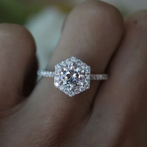 *NEW 925 Sterling Silver Diamond Hexagon Halo Ring
