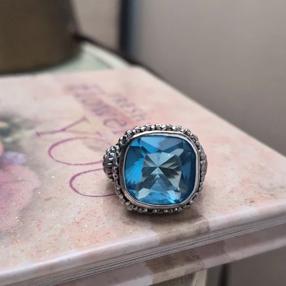 Vintage Checkerboard large Blue Topaz Chunky silver ring size 8