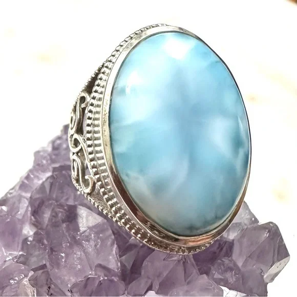 Blue Larimar Large Oval Cabochon Sterling Silver Ring