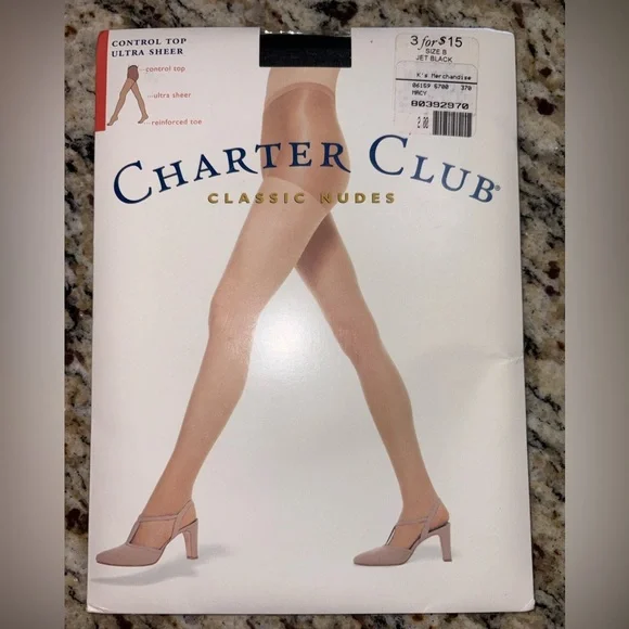 Charter Club Classic Nudes Control Top Ultra Sheer Pantyhose Jet Black Size B