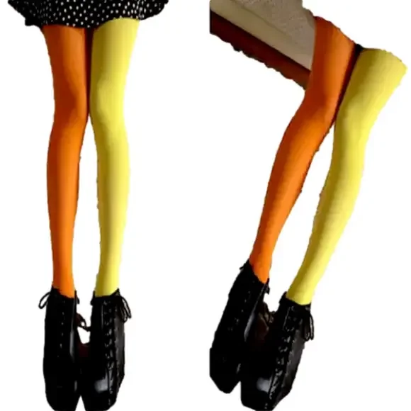 Candy Corn 2 Tone Bright ORANGE & YELLOW ColorBlock Tights xs/Sm