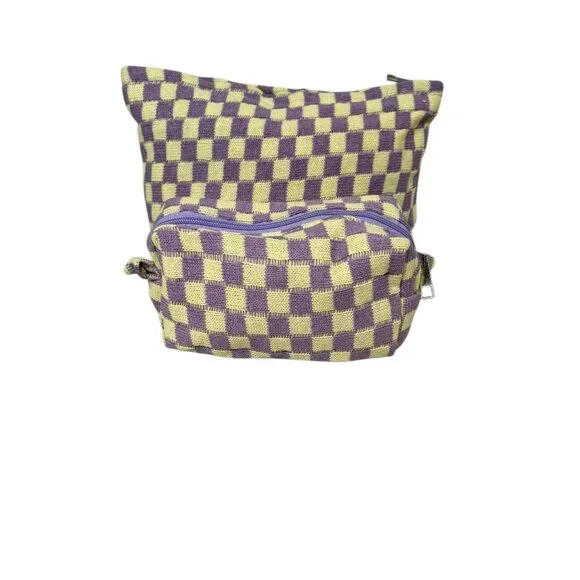 NEW 2Pcs Checkered Cosmetic Bag and Brush Bag - Yellow/Purple
