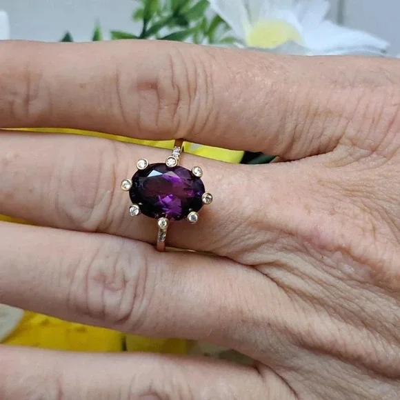 Natural Amethyst Accented By Natural White Zircon Ring.