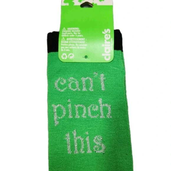 Claires St Patricks Day Cant Pinch This Green Glitter Knee High Socks NWT