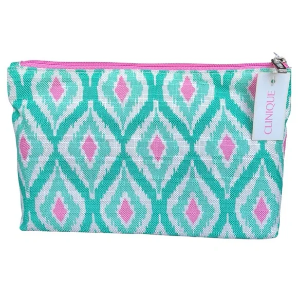 Clinique NWT Pink & Turquoise Ikat Print Cosmetic Makeup Travel Bag