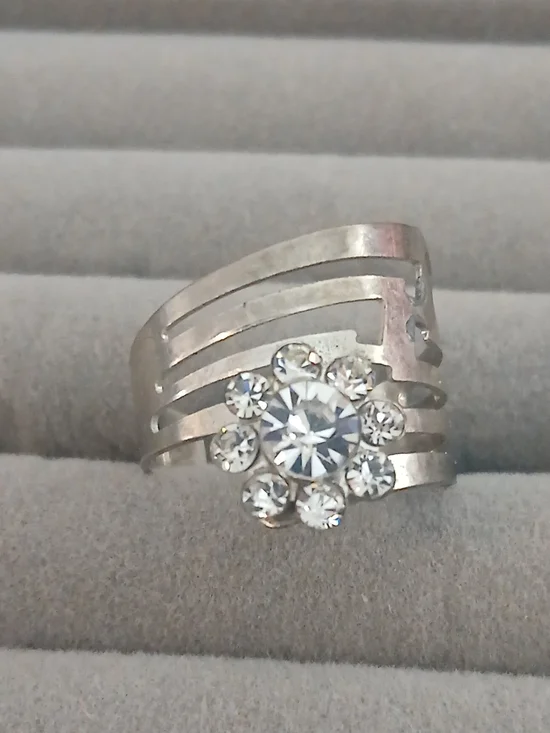 Crystal Flower Statement Ring - Silver Tone