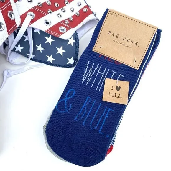 Rae Dunn Patriotic Ankle Socks 10pk Red White Blue NWT