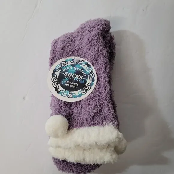 Charming Purple & White Pom-Pom Trim Cozy Socks