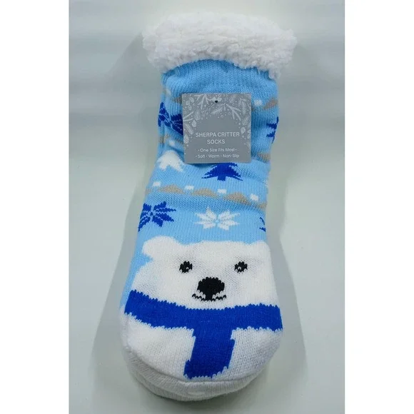 Sherpa Critter Slipper Socks One Size Blue‎ Polar Bear Non Slip Warm