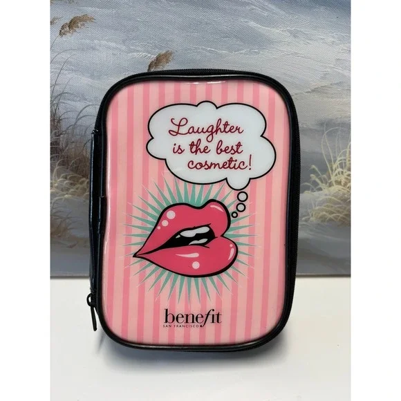Benefit Cosmetics Pink Striped Pop Art Makeup Bag Laughter Is The Best Cosmetic