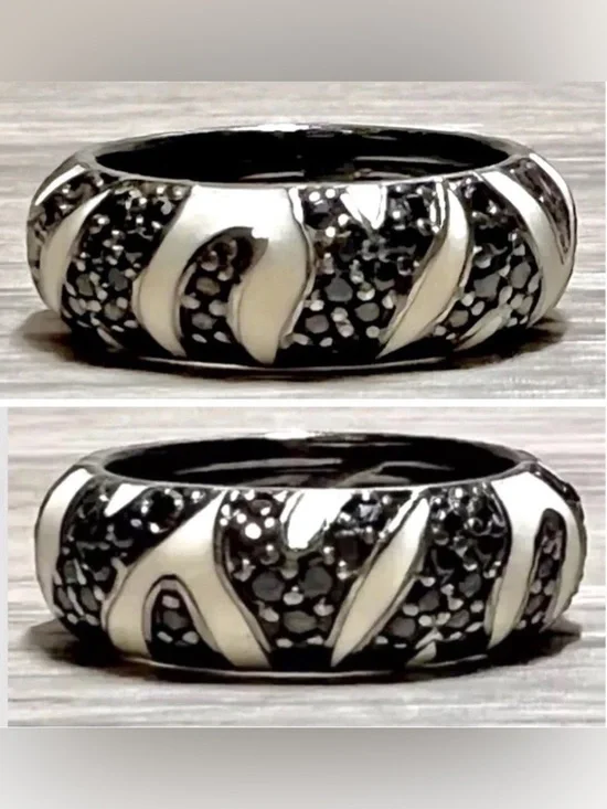 Designer Hidalgo Sterling Silver & White Enamel Black Pave CZ Band Ring, Size 5