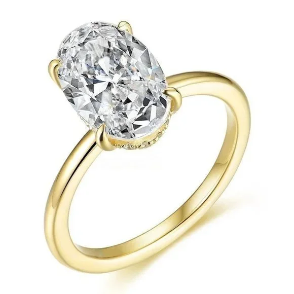 Certified 3ct. t.w. Moissanite Diamond Oval Crushed Ice 10K Yellow Gold Ring NEW