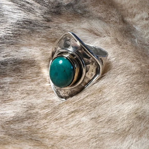 Hammered Sterling Silver & Bronze Bezel Malachite Statement Ring